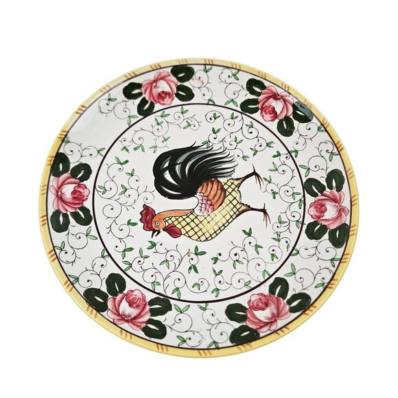 Early Provincial Dinner Plate Hand Painted Ceramic Rooster Roses UCAGCO Japan - Picture 10 of 10